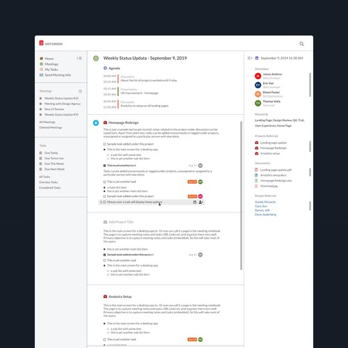 Application website with the title 'Meeting notes web application design'