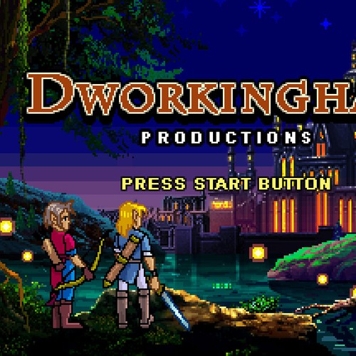 Logo illustration with the title 'Dworkingham Productions title logo (Nighttime)'