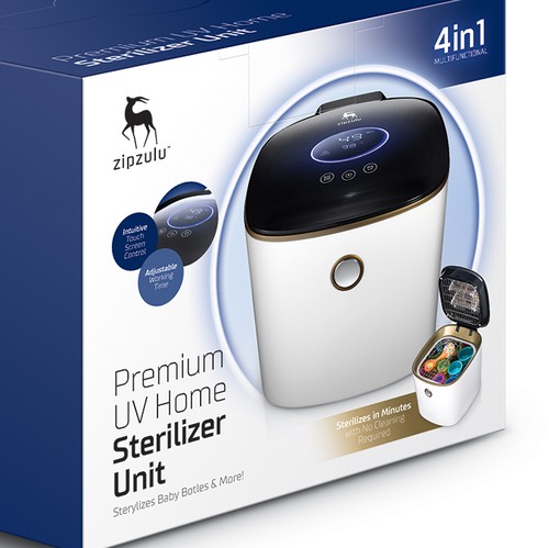 Technology packaging with the title 'UV Home Sterilizer Packaging Design'