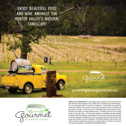 Australian design with the title 'Gourmet food and wine bus day tour where the driver is also the chef.'