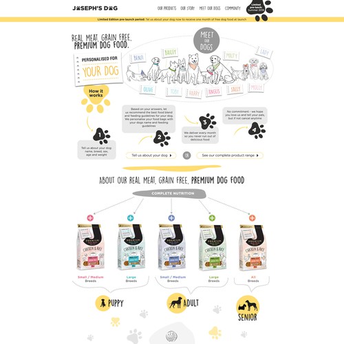 Dog website with the title 'Friendly Dog food website Design (Home Page)'