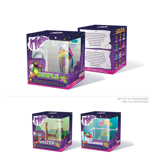 Set design with the title 'Set of 12 packagings for new Monster toys collection (with interiors).'