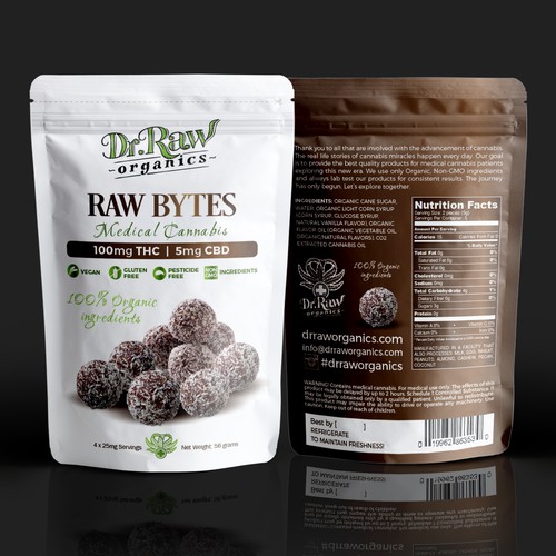 Cannabis packaging with the title 'DrRaw Organic Bytes THC, CBD'