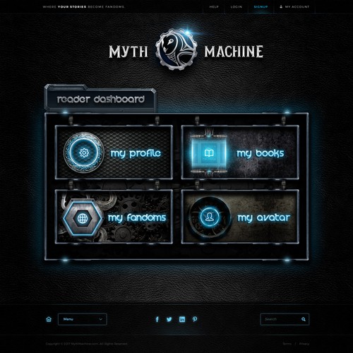 Machine design with the title 'Ancient Meets Modern for Myth Machine Website Design'