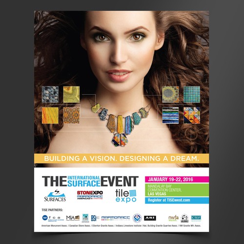 Magazine ad design with the title 'Ad Design Concept for Surface Tile Event'