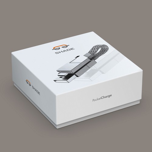 Technology packaging with the title 'Shade charging cable packaging'