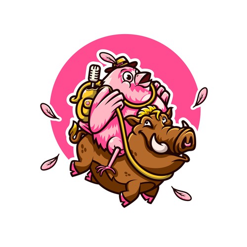 Sketchbook design with the title 'Fun logo design friendship of birds and wild boar'