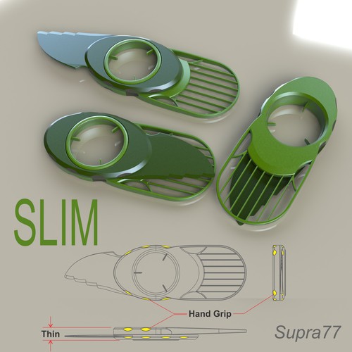 Avocado design with the title 'Avocado slicer- All-in-one tool splits, pits and slices avocados safely and effectively'