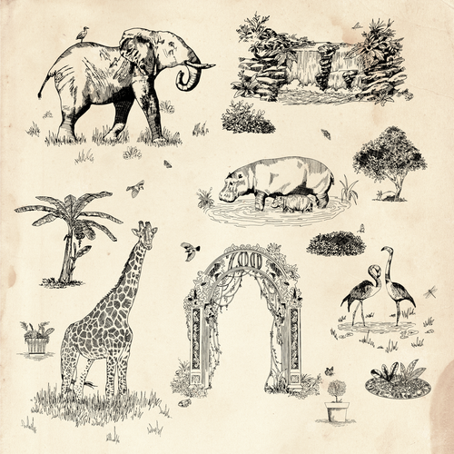 Whimsical illustration with the title 'Vintage Rug - Zoo inspired '