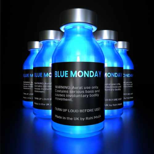 Disco design with the title 'Blue Monday by Rahi Malik'