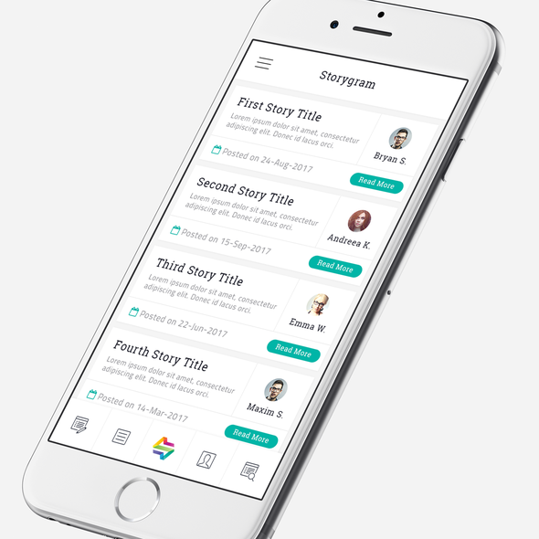 Cyan design with the title 'App Design for Storygram'