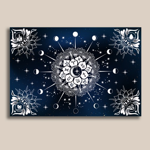 Mandala artwork with the title 'Moon mandala tapestry design for wall'