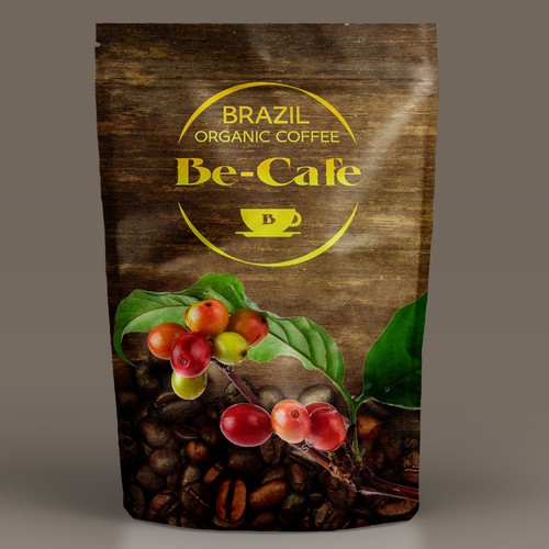 Cafe packaging with the title 'Brazil Organic Coffee'