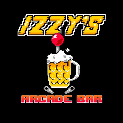 8 bit logo with the title 'Izzy's Arcade bar logo'
