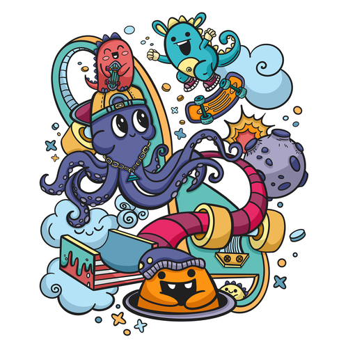 Character t-shirt with the title 'Dino-skaters doodle'