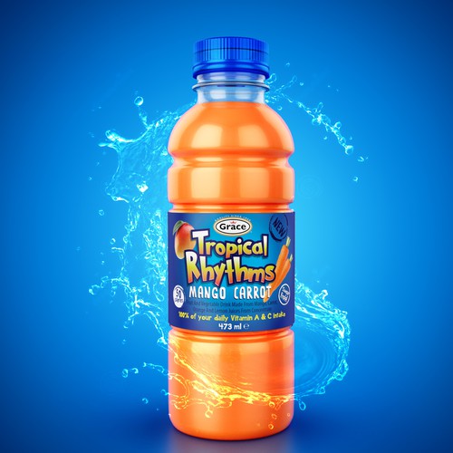 Colorful packaging with the title 'Packaging re-design for a tropical fruit juice'