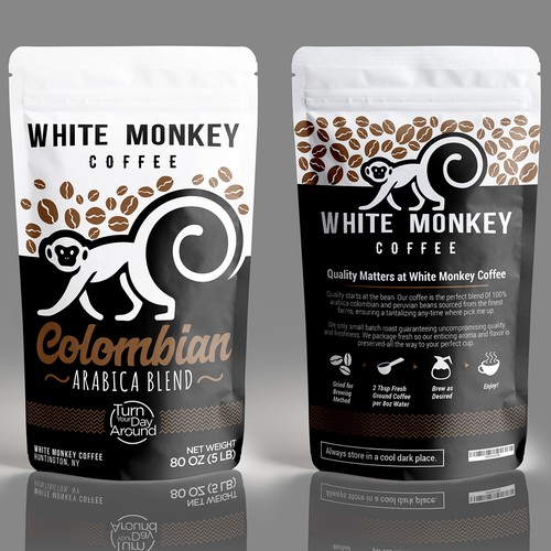 Coffee packaging with the title 'White Monkey coffee packaging'