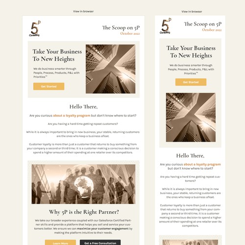 Newsletter design with the title 'Responsive email design fo 5P Consulting'