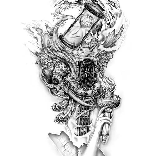 Guitar design with the title 'Shoulder to mid-arm tattoo design'