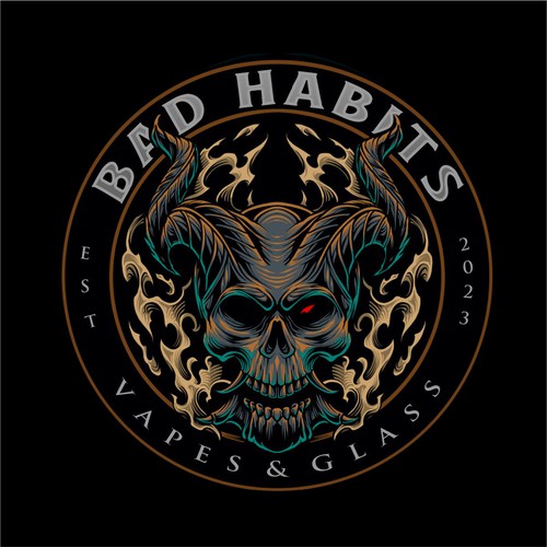 Skeleton design with the title 'Retail of electronic cigarettes and glass pipes Bad Habbits Vapes & Glass Logo Design Illustration'