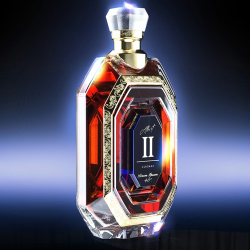 Liquor packaging with the title 'Albert II Conceptual design for a Cognac Bottle - Sixth iteration (REVISION II) Decoration'