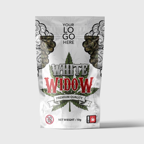 Packet packaging with the title 'White widow package designing'