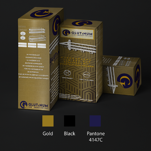 Amazon packaging with the title 'Glutinum Shower Shelf Packaging'