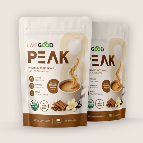 Pouch packaging with the title 'Modern Supplement Pouch & Label Design for LiveGood Peak'