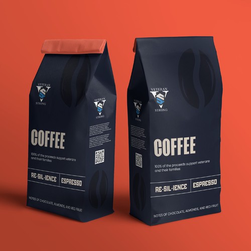 Roasted coffee packaging with the title 'Veteran Strong Coffee bag design'