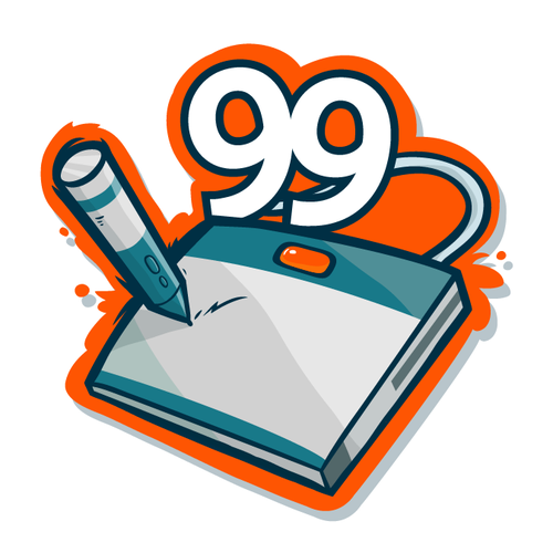 Sticker illustration with the title 'We all love stickers. New fun stickers for 99designs'