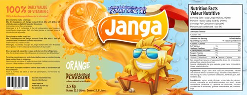 Orange packaging with the title 'Packaging concept for Janga instant drink mix'