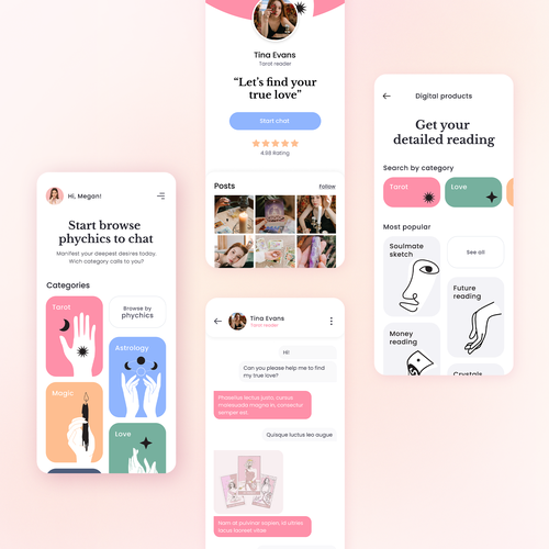 Tarot design with the title 'Tarot app, chat with psychics'