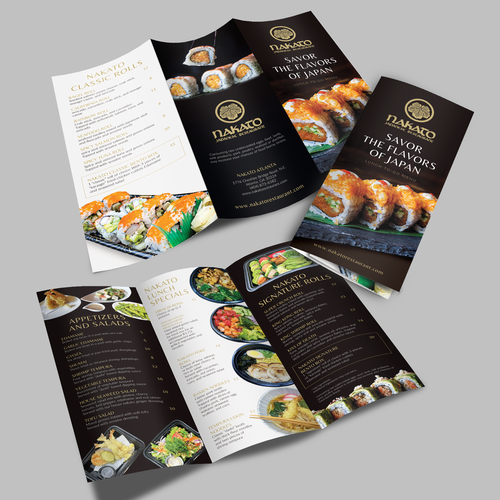 Tri-fold design with the title 'Nakato Japanese Restaurant'