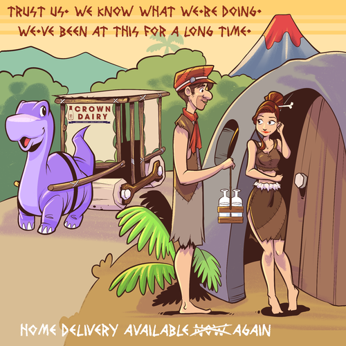 Milk design with the title 'Stone Age Milk Delivery'