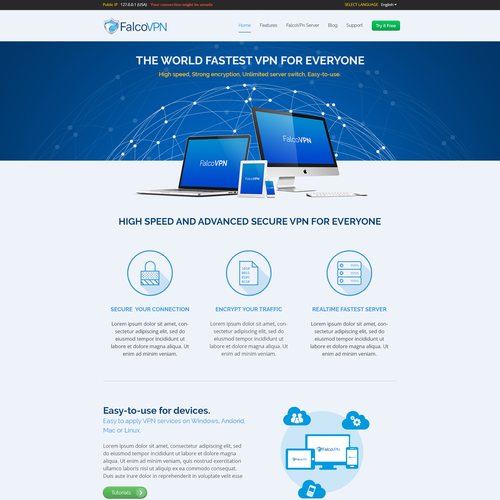 Layout website with the title 'Design of home page of VPN product website'
