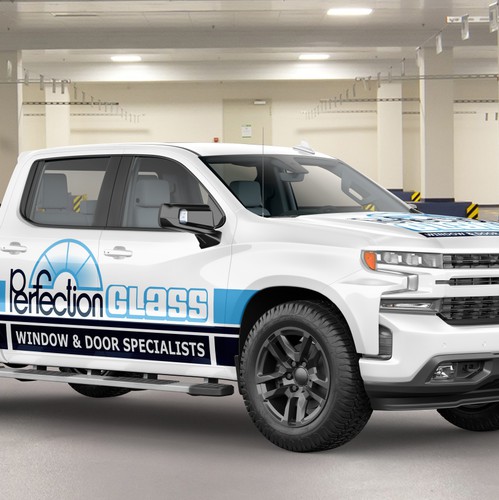 Vehicle graphic design with the title 'Perfection Glass Inc. Sales Truck'