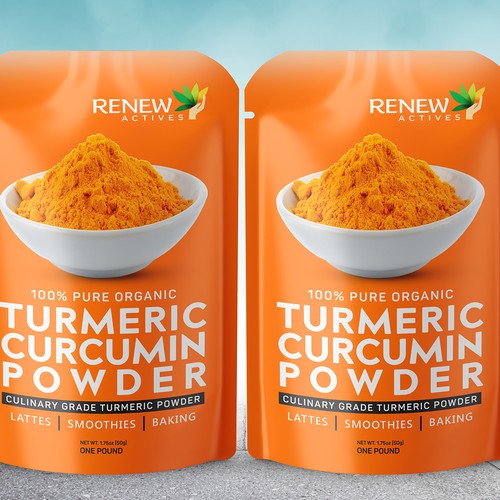 Orange packaging with the title 'Packing Turmeric Curcumin Powder'