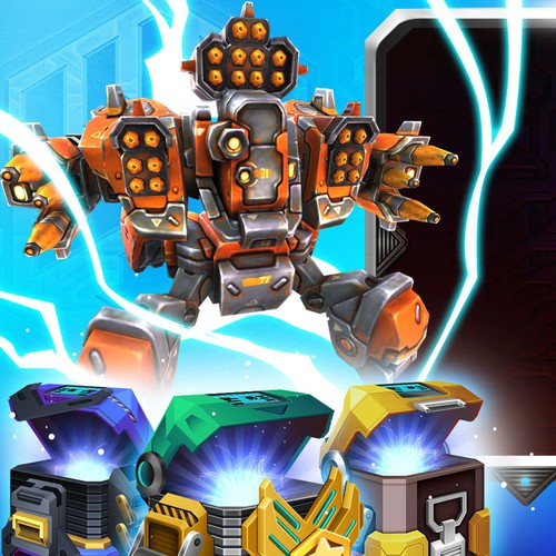 Robot design with the title 'Videogame promotion Images for Google and Apple Stores'