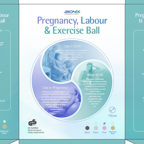 Fitness packaging with the title 'Pregnancy, Labour & Exercise Ball Package design'