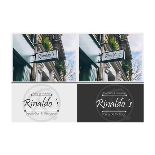 Beach bar design with the title 'Rinaldo's Beach-Bar & Restaurant at Palma de Mallorca street sign & logo'