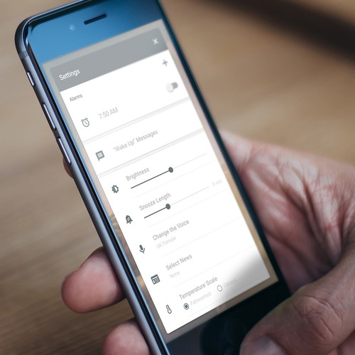 Uncluttered design with the title 'Settings Page Design for Talking Alarm Clock App.'