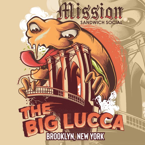 Burger design with the title 'T-shirt needed with BRIGHT colors, fun design for sandwich shop!'