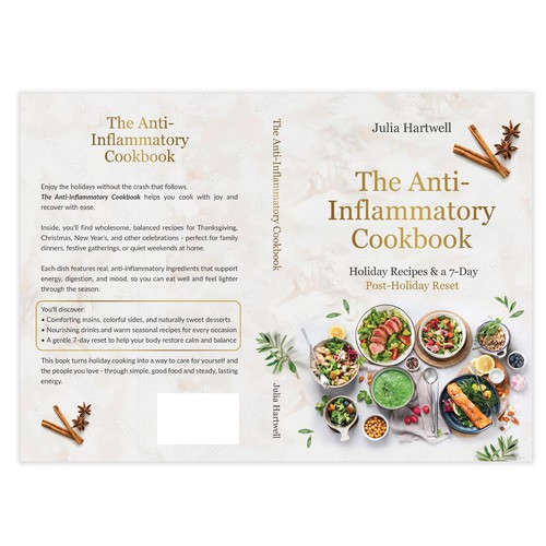 Lifestyle design with the title 'Elegant full-color cookbook cover for The Anti-Inflammatory Cookbook: Holiday Recipes & a 7-Day Post'