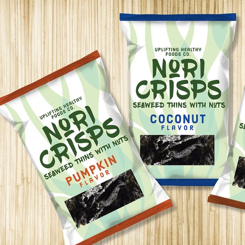 Snack bag packaging with the title 'Nori Crisps'