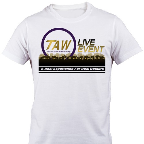 Gold t-shirt with the title 'TAW Real Estate Event T-shirt Design'