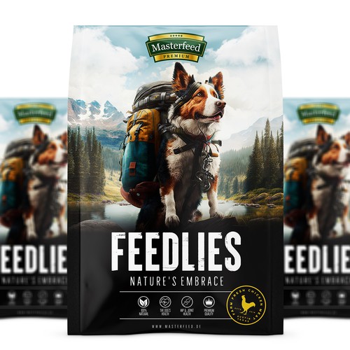 Bag label with the title 'Premium Pet Food Packaging Design'