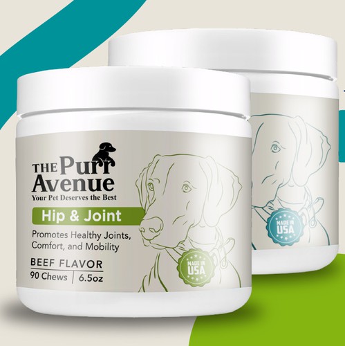 3-dimensional design with the title '3D Product Renders & Banner: The Purr Avenue Hip & Joint Dog Supplement'