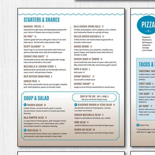 Pizza design with the title 'Upscale menu for beach themed restaurant'