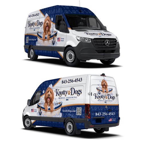 Layout design with the title 'Knotty Dogs Mobile Grooming Wrap Van Designs'