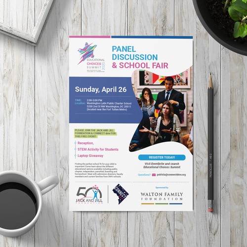 Panel design with the title 'Flyer For Panel Discussion & School Fair'